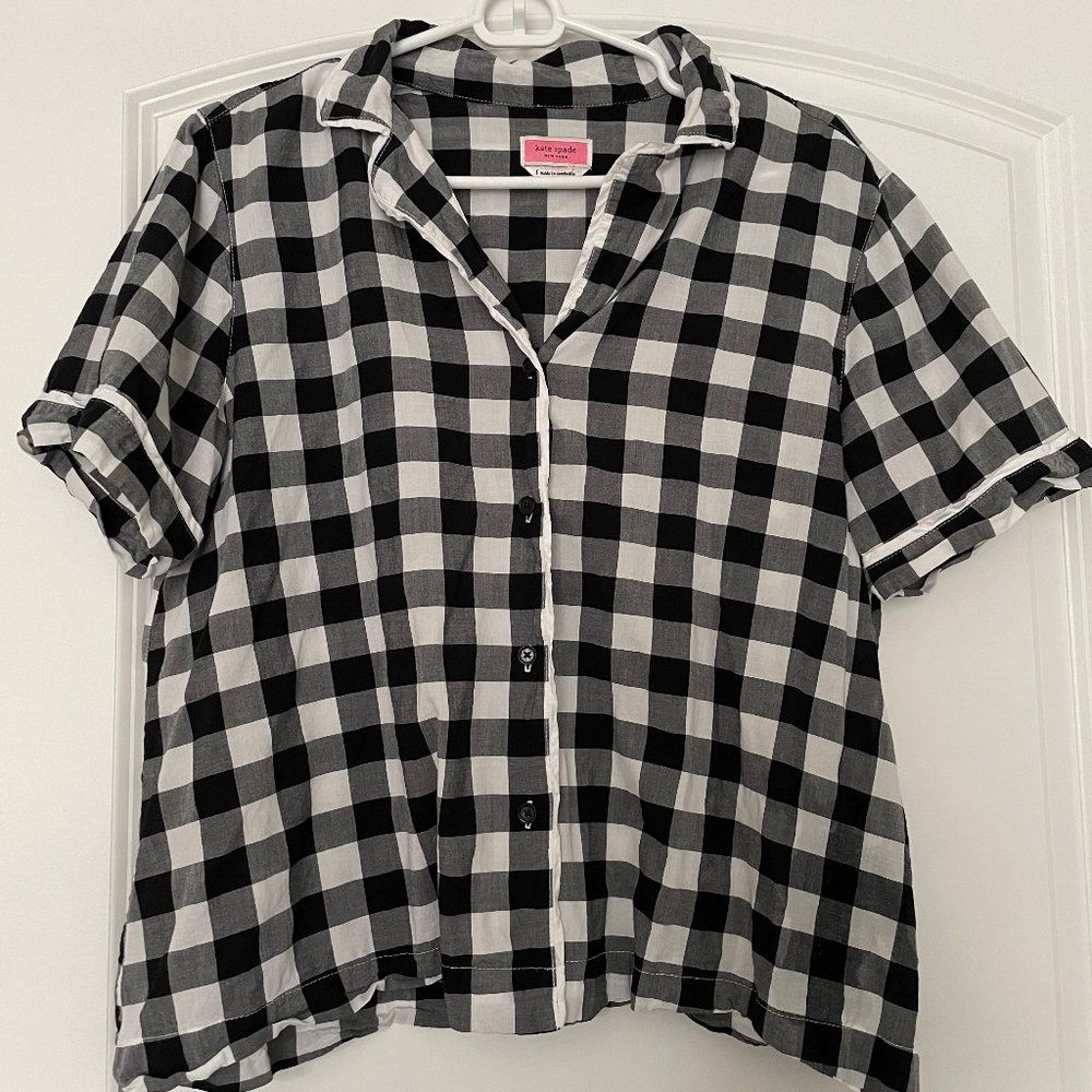 Kate Spade Black White Checkered Short Sleeve Button Up Short Sleeve